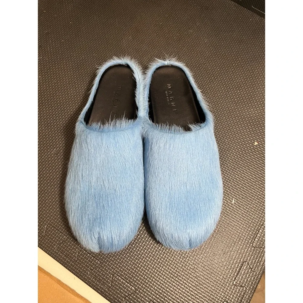 Marni‎ Fussbett Sabot Mens 44 US 11 Blue Calf Hair Furry Mules Slides Shoes